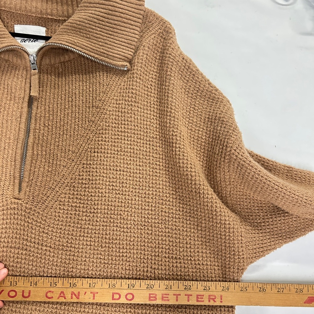 Aerie Oversized Quarter Zip Sweater L Camel Waffle Knit Coastal Old Money - Picture 11 of 12